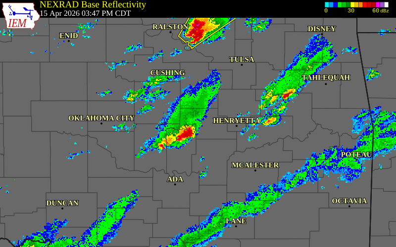 NEXRAD radar during the Wednesday, April 15, 2026 storm activity in Okmulgee County, Oklahoma
