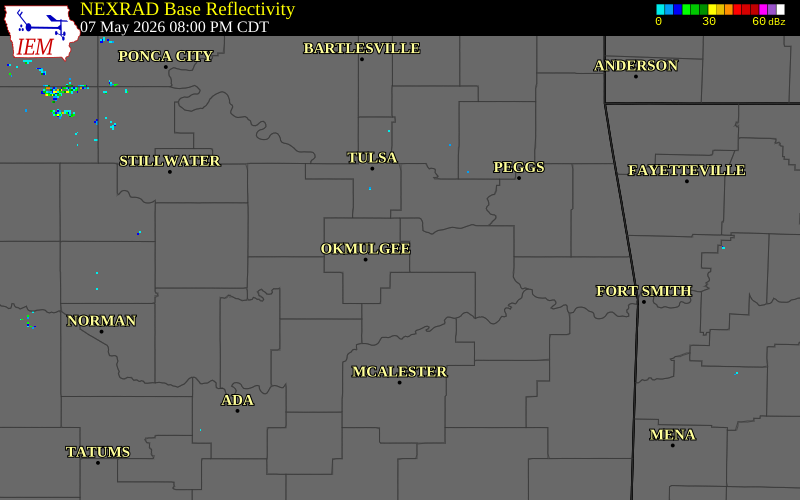 NEXRAD radar during the Thursday, May 7, 2026 storm activity in Okmulgee County, Oklahoma