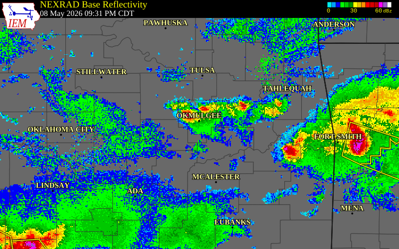 NEXRAD radar during the Friday, May 8, 2026 storm activity in Okmulgee County, Oklahoma