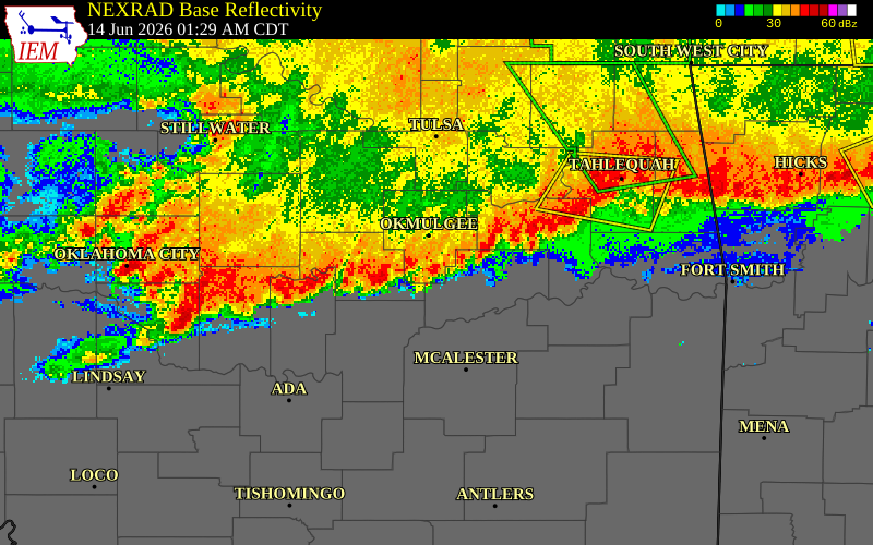 NEXRAD radar during the Sunday, June 14, 2026 storm activity in Okmulgee County, Oklahoma