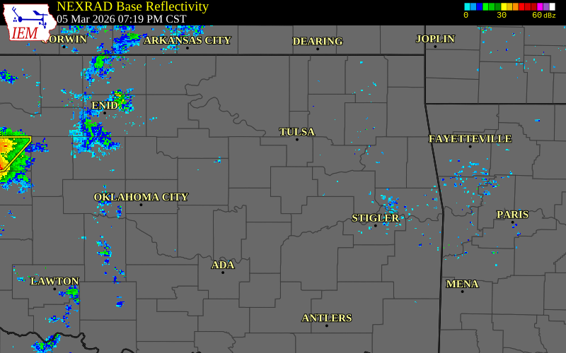 Radar snapshot during the Mar 5, 2026 tornado event near 1 N Beggs, Okmulgee County, Oklahoma, with NWS warning polygons