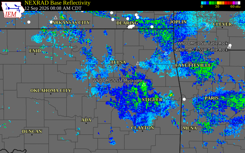 Current NEXRAD radar over Okmulgee County, Oklahoma with recent storm report locations