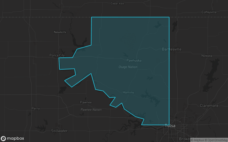 Map of Osage County, Oklahoma showing the county boundary and surrounding cities