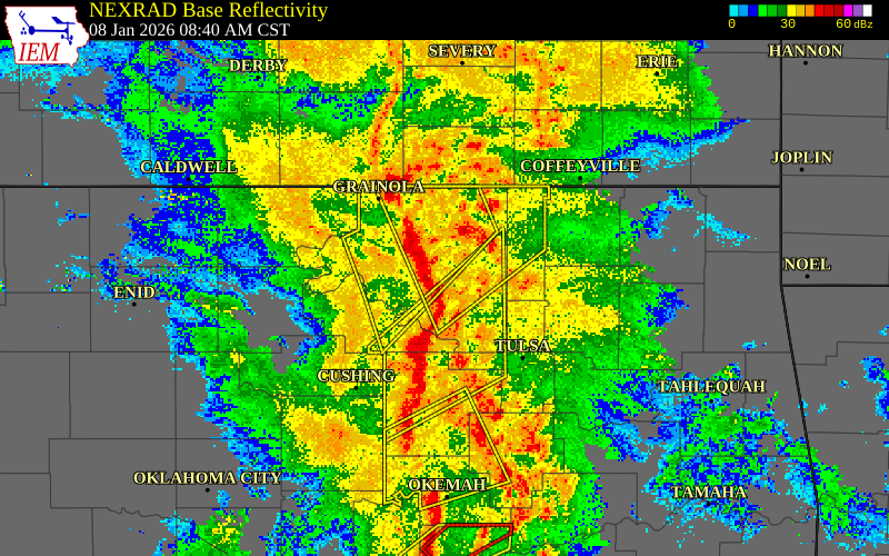 NEXRAD radar during the Thursday, January 8, 2026 storm activity in Osage County, Oklahoma