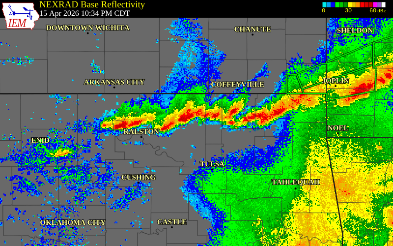 NEXRAD radar during the Wednesday, April 15, 2026 storm activity in Osage County, Oklahoma