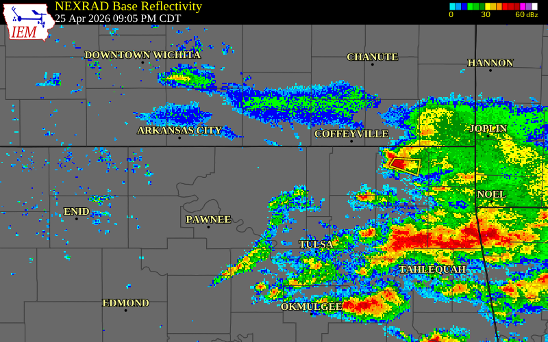 NEXRAD radar during the Saturday, April 25, 2026 storm activity in Osage County, Oklahoma