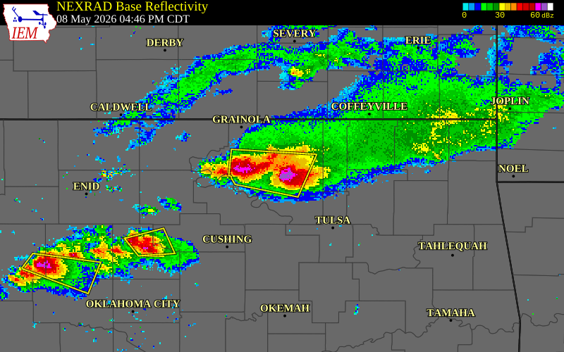 NEXRAD radar during the Friday, May 8, 2026 storm activity in Osage County, Oklahoma