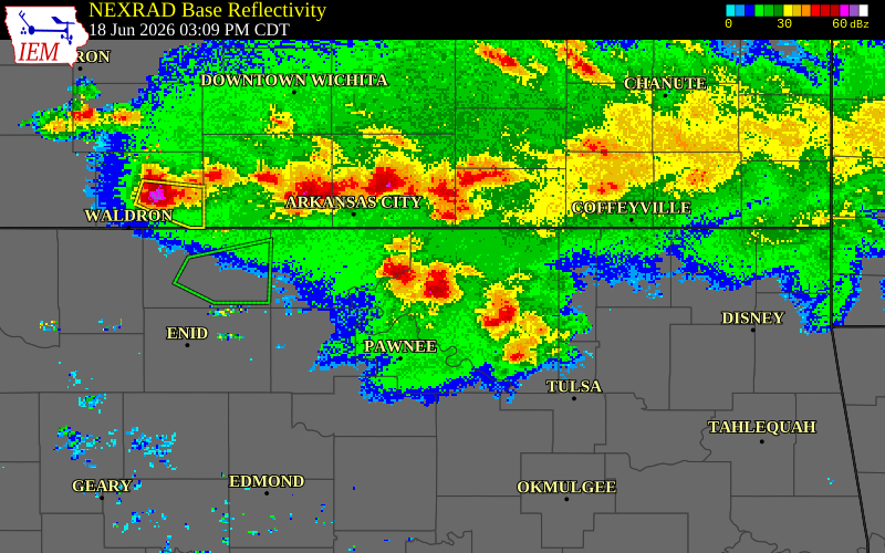 NEXRAD radar during the Thursday, June 18, 2026 storm activity in Osage County, Oklahoma