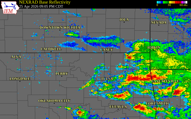 Radar snapshot during the Apr 25, 2026 tornado event near 4 SW Bigheart, Osage County, Oklahoma, with NWS warning polygons