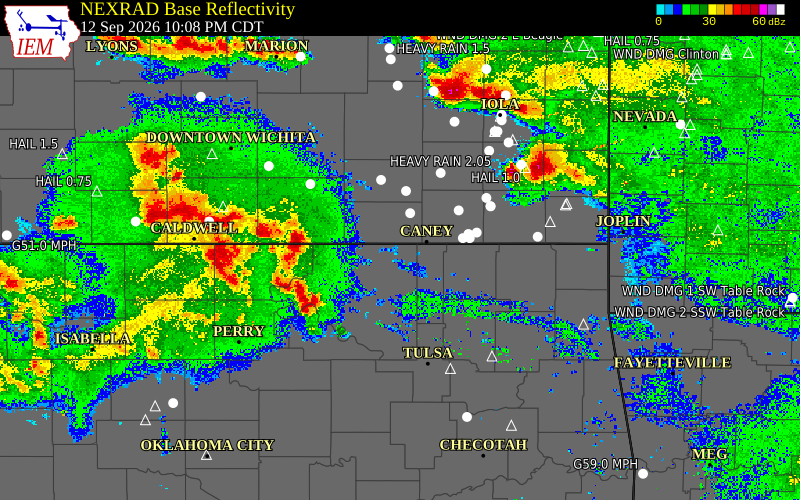 Current NEXRAD radar over Osage County, Oklahoma with recent storm report locations