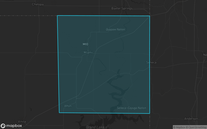Map of Ottawa County, Oklahoma showing the county boundary and surrounding cities