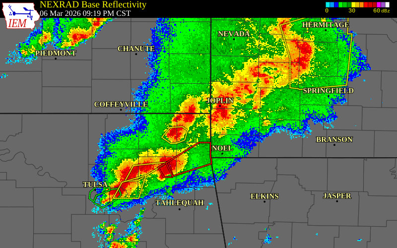 NEXRAD radar during the Friday, March 6, 2026 storm activity in Ottawa County, Oklahoma