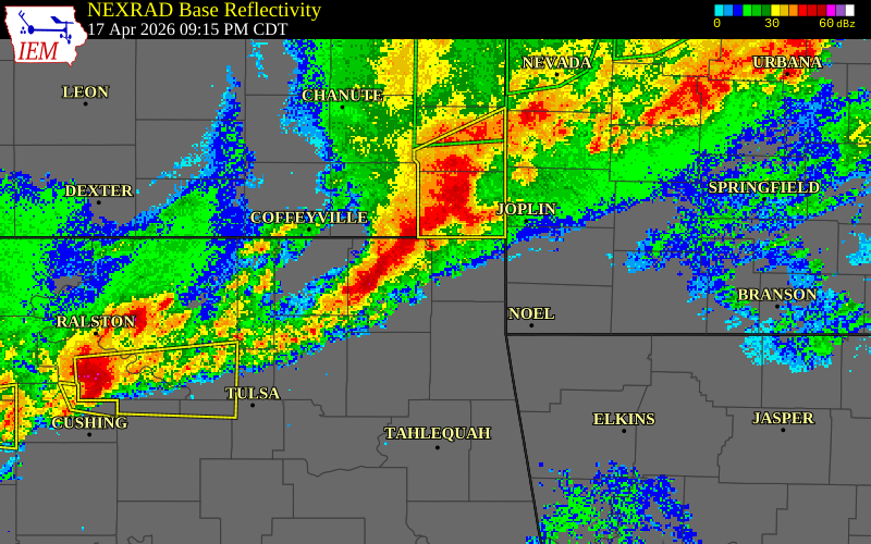 NEXRAD radar during the Friday, April 17, 2026 storm activity in Ottawa County, Oklahoma