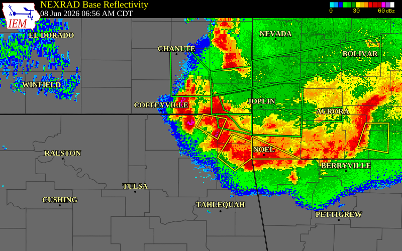 NEXRAD radar during the Monday, June 8, 2026 storm activity in Ottawa County, Oklahoma