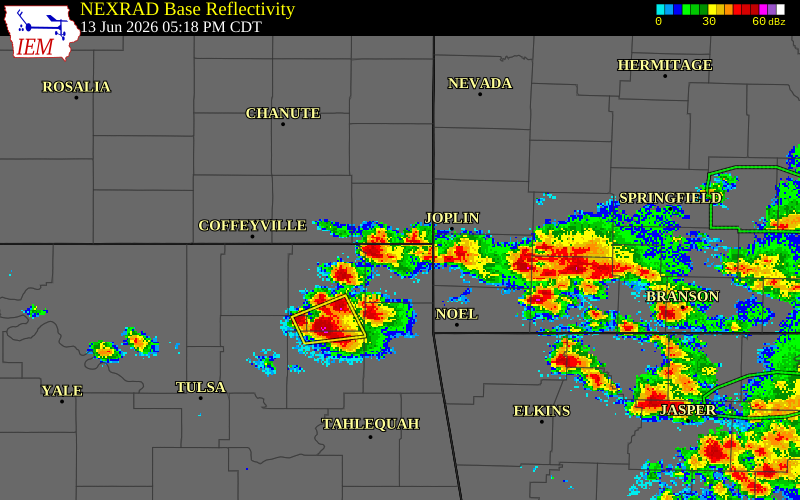 NEXRAD radar during the Saturday, June 13, 2026 storm activity in Ottawa County, Oklahoma