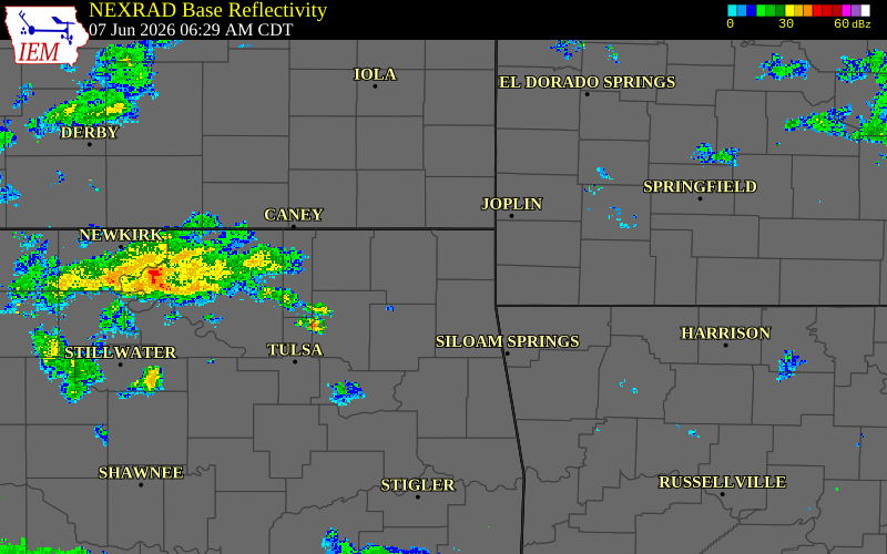 Radar snapshot during the Jun 7, 2026 wind event near Afton, Ottawa County, Oklahoma, with NWS warning polygons