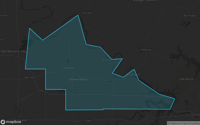 Map of Pawnee County, Oklahoma showing the county boundary and surrounding cities