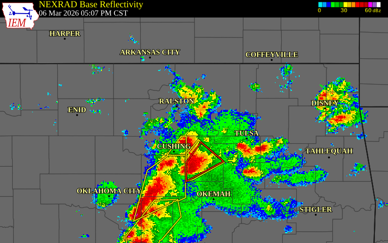 NEXRAD radar during the Friday, March 6, 2026 storm activity in Pawnee County, Oklahoma