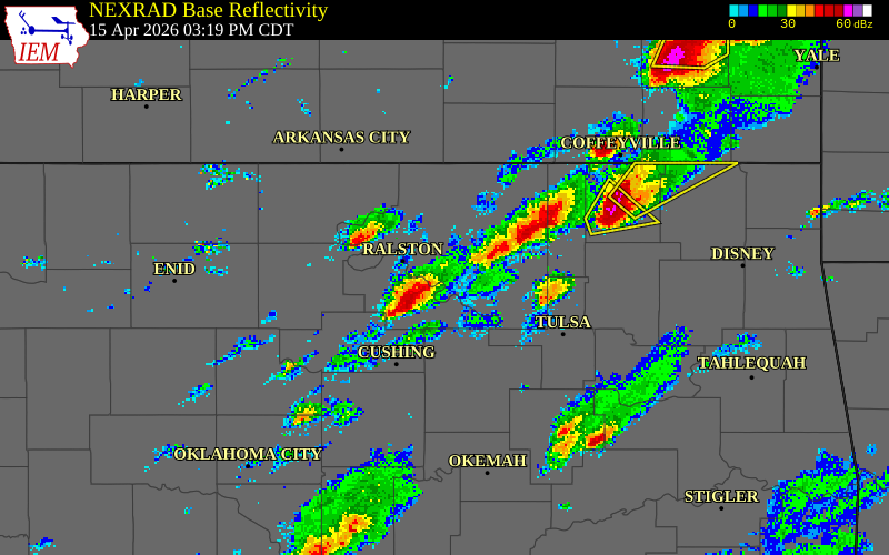 NEXRAD radar during the Wednesday, April 15, 2026 storm activity in Pawnee County, Oklahoma