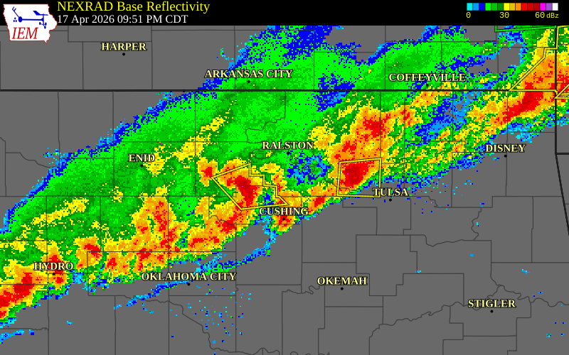 NEXRAD radar during the Friday, April 17, 2026 storm activity in Pawnee County, Oklahoma
