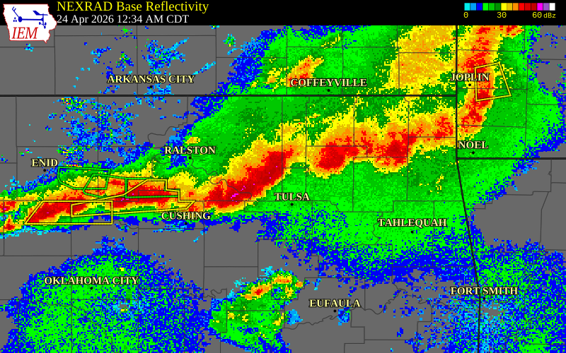 NEXRAD radar during the Friday, April 24, 2026 storm activity in Pawnee County, Oklahoma