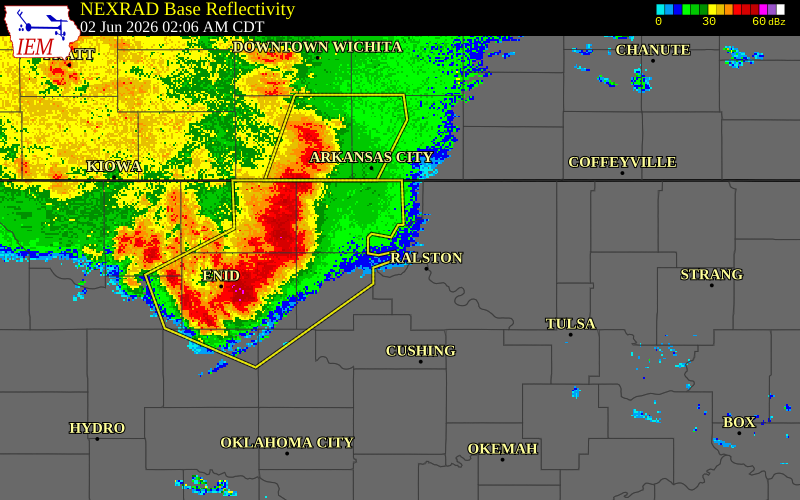 NEXRAD radar during the Tuesday, June 2, 2026 storm activity in Pawnee County, Oklahoma