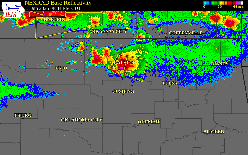 NEXRAD radar during the Saturday, June 13, 2026 storm activity in Pawnee County, Oklahoma