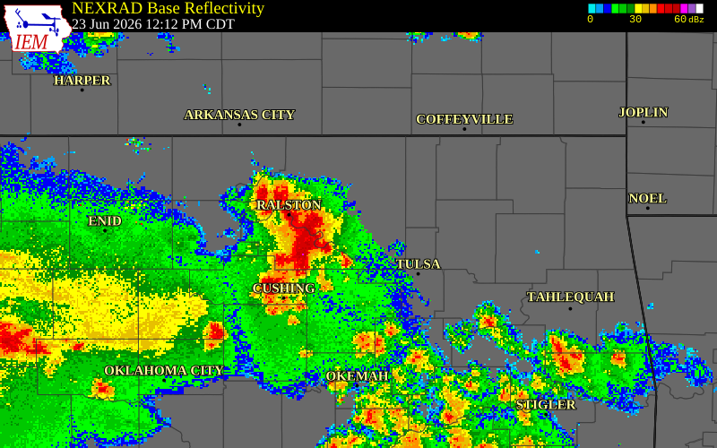 NEXRAD radar during the Tuesday, June 23, 2026 storm activity in Pawnee County, Oklahoma