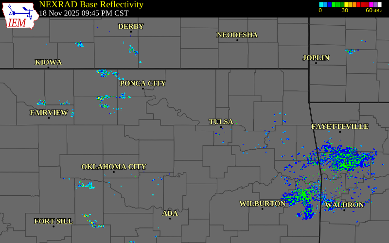 Radar snapshot during the Nov 18, 2025 hail event near Westport, Pawnee County, Oklahoma, with NWS warning polygons