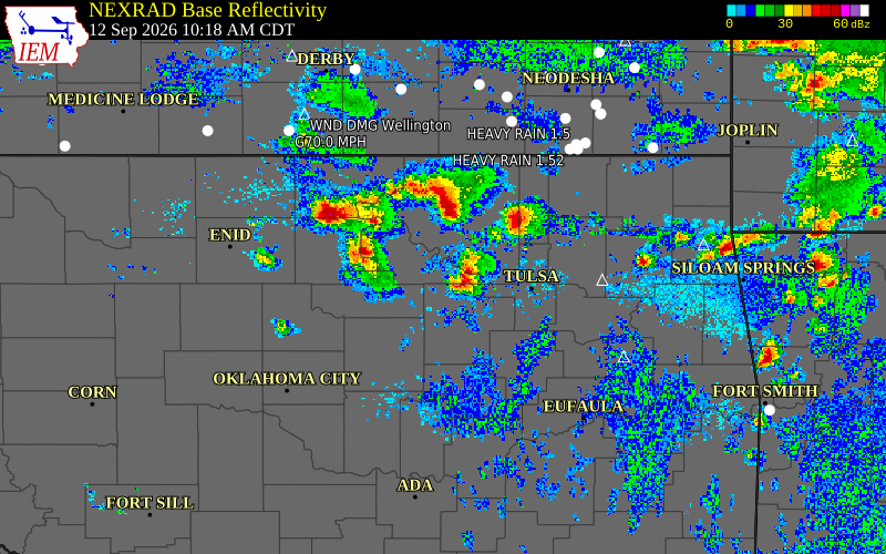 Current NEXRAD radar over Pawnee County, Oklahoma with recent storm report locations