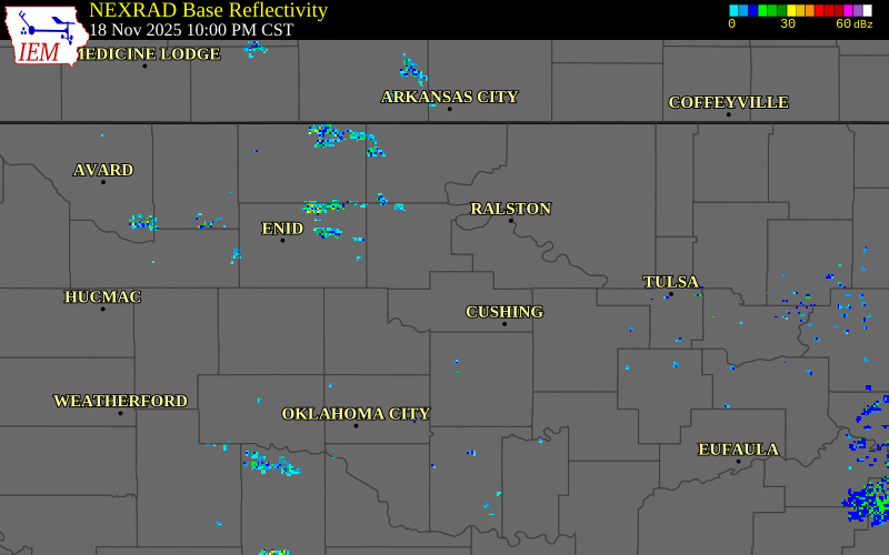 NEXRAD radar during the Tuesday, November 18, 2025 storm activity in Payne County, Oklahoma