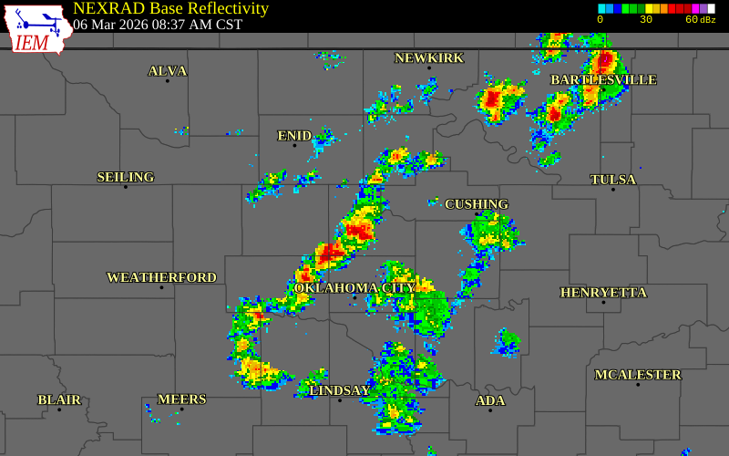 NEXRAD radar during the Friday, March 6, 2026 storm activity in Payne County, Oklahoma