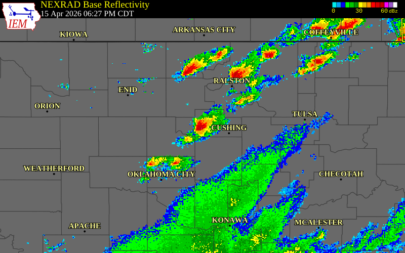NEXRAD radar during the Wednesday, April 15, 2026 storm activity in Payne County, Oklahoma