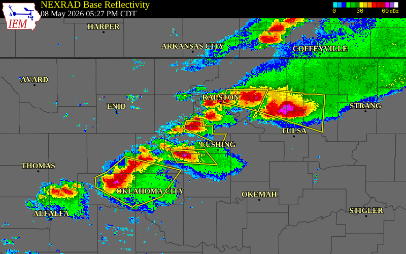 NEXRAD radar during the Friday, May 8, 2026 storm activity in Payne County, Oklahoma
