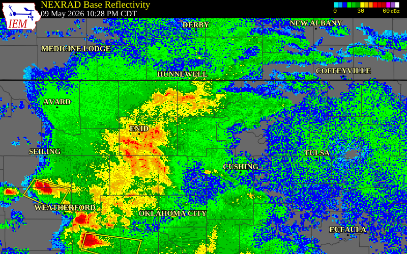NEXRAD radar during the Saturday, May 9, 2026 storm activity in Payne County, Oklahoma