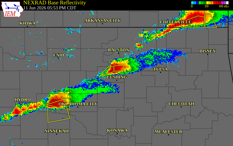 NEXRAD radar during the Thursday, June 11, 2026 storm activity in Payne County, Oklahoma