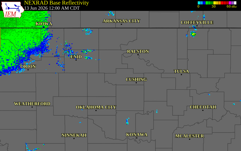 NEXRAD radar during the Saturday, June 13, 2026 storm activity in Payne County, Oklahoma