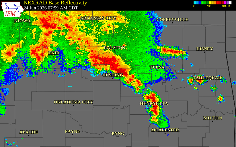 NEXRAD radar during the Wednesday, June 24, 2026 storm activity in Payne County, Oklahoma
