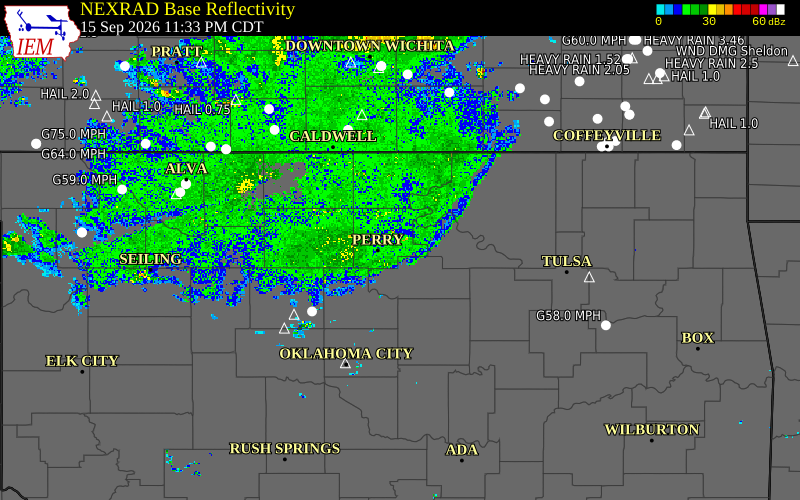 Current NEXRAD radar over Payne County, Oklahoma with recent storm report locations