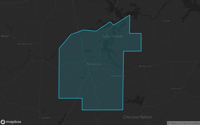 Map of Pittsburg County, Oklahoma showing the county boundary and surrounding cities