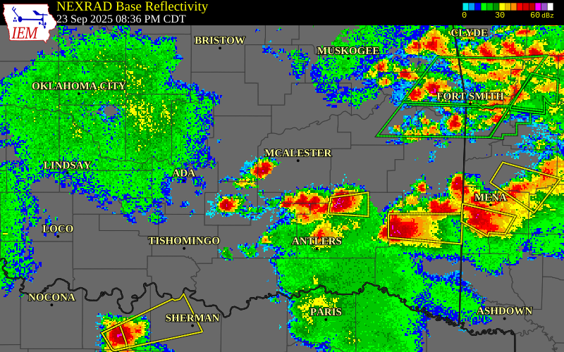 NEXRAD radar during the Tuesday, September 23, 2025 storm activity in Pittsburg County, Oklahoma