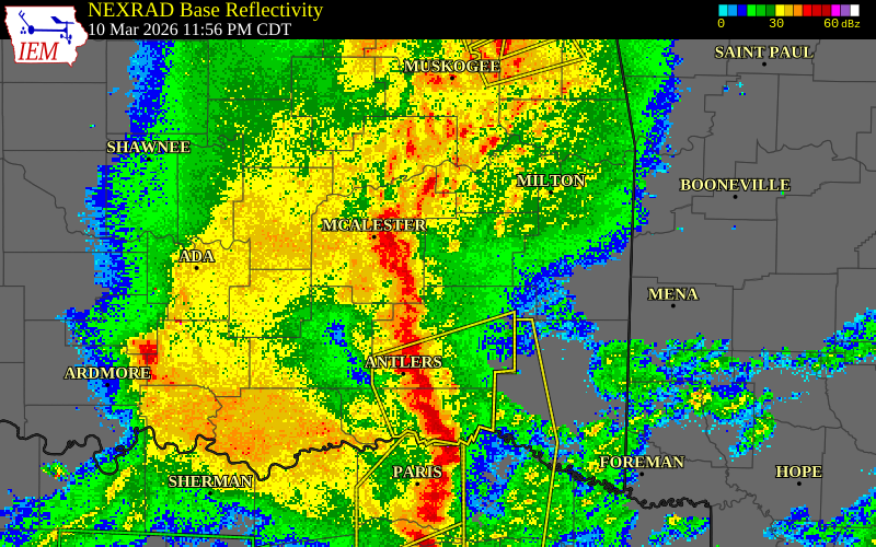 NEXRAD radar during the Tuesday, March 10, 2026 storm activity in Pittsburg County, Oklahoma