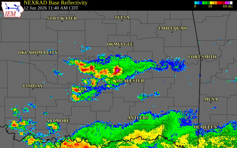NEXRAD radar during the Friday, June 12, 2026 storm activity in Pittsburg County, Oklahoma
