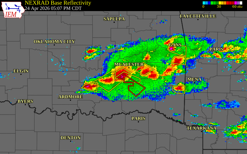 Radar snapshot during the Apr 24, 2026 tornado event near Kiowa, Pittsburg County, Oklahoma, with NWS warning polygons