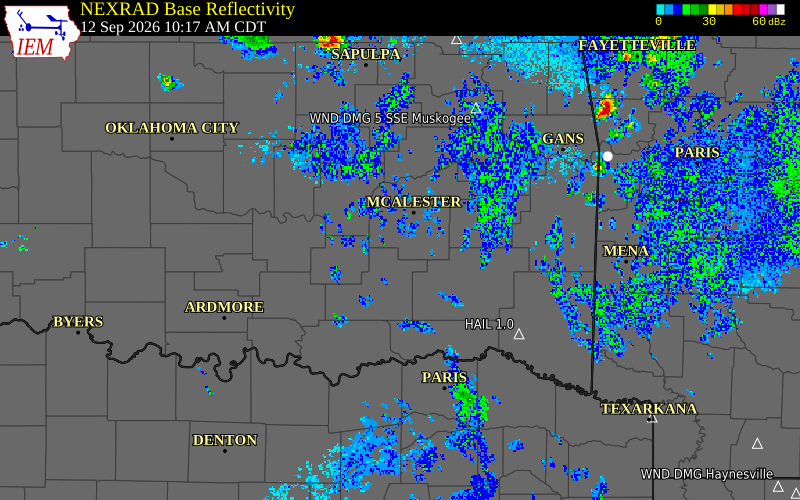 Current NEXRAD radar over Pittsburg County, Oklahoma with recent storm report locations