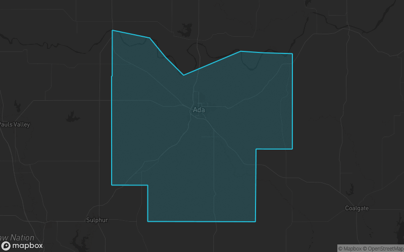 Map of Pontotoc County, Oklahoma showing the county boundary and surrounding cities