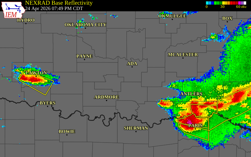 NEXRAD radar during the Friday, April 24, 2026 storm activity in Pontotoc County, Oklahoma