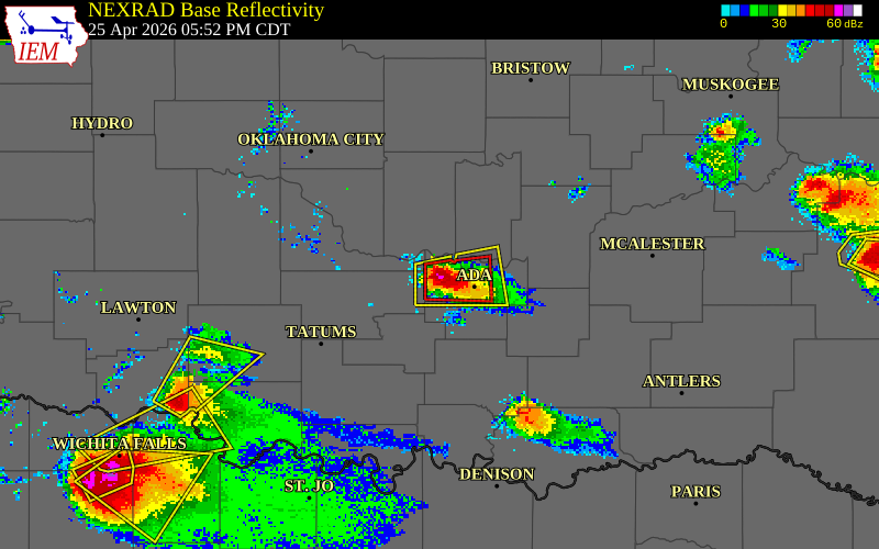 NEXRAD radar during the Saturday, April 25, 2026 storm activity in Pontotoc County, Oklahoma