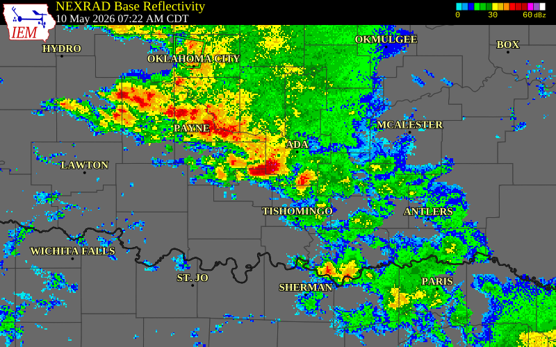NEXRAD radar during the Sunday, May 10, 2026 storm activity in Pontotoc County, Oklahoma