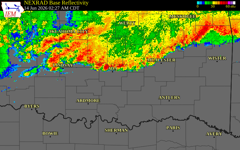 NEXRAD radar during the Sunday, June 14, 2026 storm activity in Pontotoc County, Oklahoma